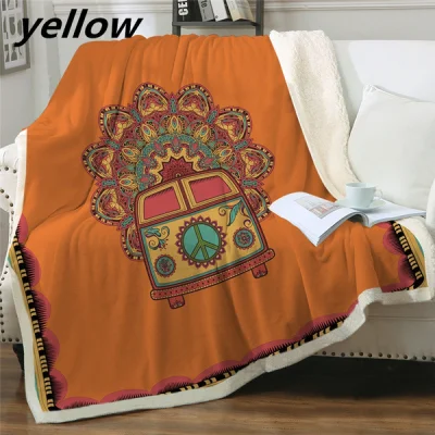 BeddingOutlet Hippie Vintage Car Velvet Plush Throw Blanket Orange Mandala Sherpa Blanket for Couch Bohemian Mini Van Thin Quilt