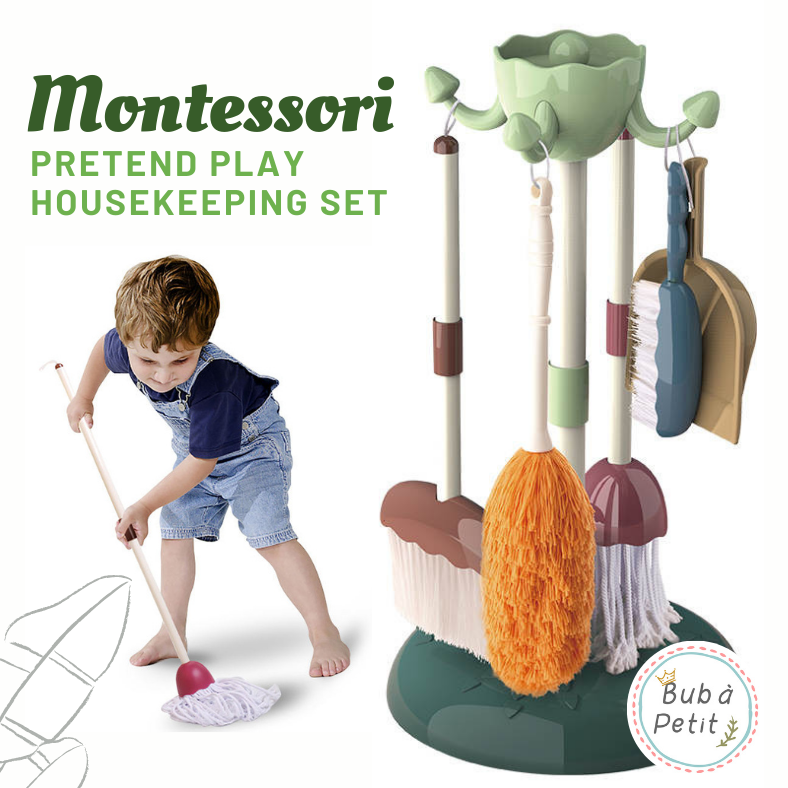 Montessori Mama Pretend Play Kids Cleaning Set - Toddler Cleaning Set -  Kids Broom and Mop Set for Toddlers with Stand, Duster, Dust Pan, Hand