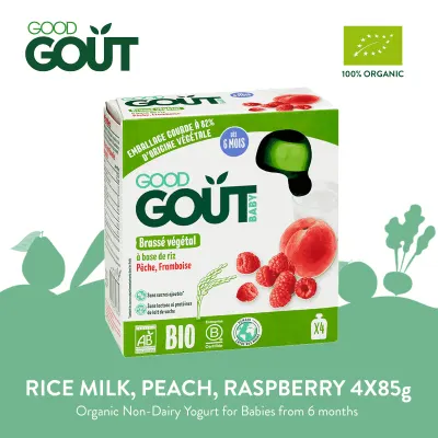 GOOD GOUT Rice Milk, Peach, Raspberry Non-Dairy Yogurt 4x85g Organic Vegan, Plant-based for Babies 6 months+ and Young Children