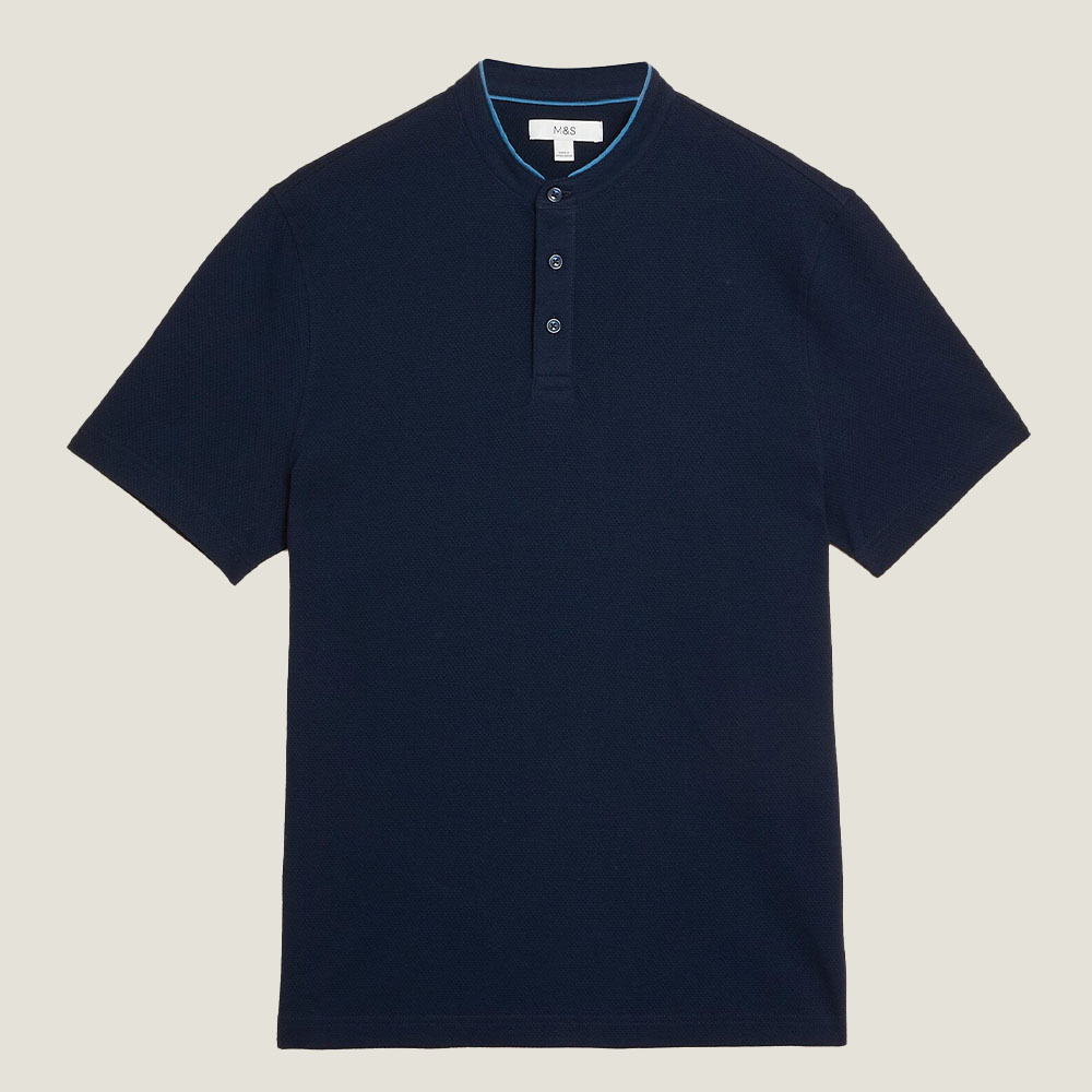 Marks & Spencer Men's Cotton Rich Grandad Collar Polo Shirt (Dark Navy ...