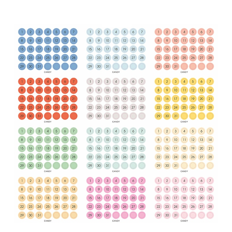 ：《》{“ 12Sheets Number Date Sticker Year Planner 365 Daily Days Label Stickers Kawaii Stationery Agenda Diary Journal Stickers