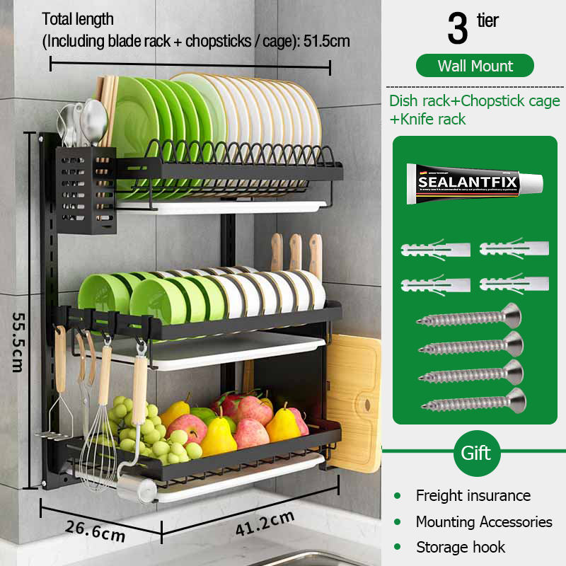 3 Tier Black Stainless Steel Dish Drying Rack Fruit Vegetable Storage Basket with Drainboard and Hanging Chopsticks Cage Knife Holder Wall Mounted