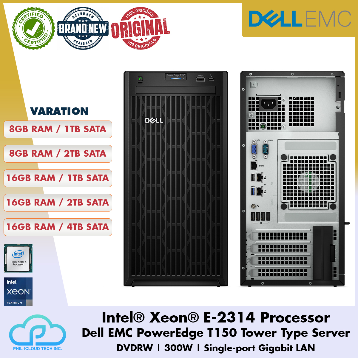 Intel Xeon E 2314 Processor Dell EMC PowerEdge T150 Tower Type Server 8GB 16GB RAM 1TB