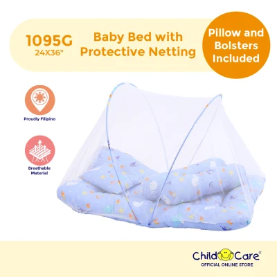 Child Care Baby Bed with Head Pillow, Bolsters and Protective Netting, 24X36