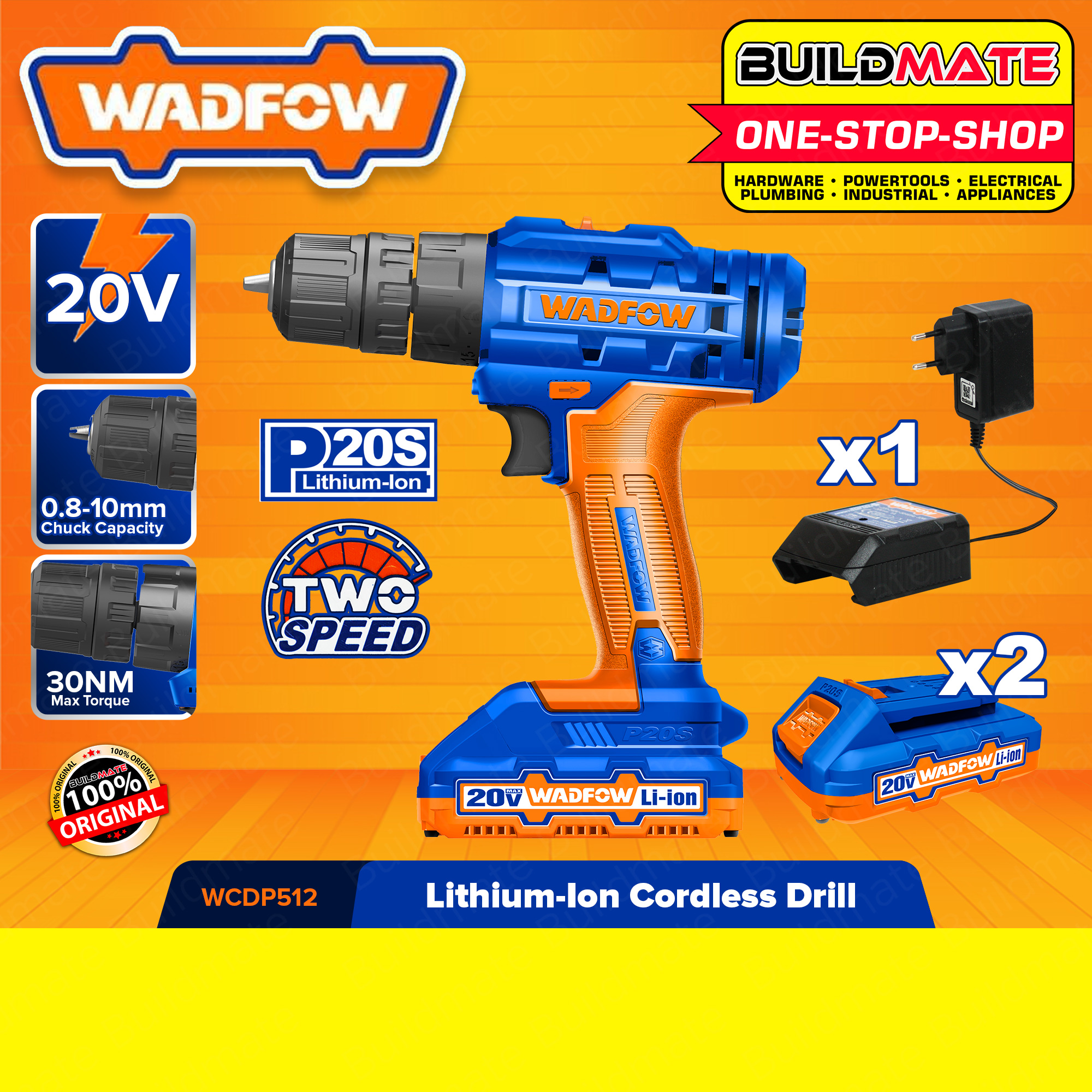 WADFOW LithiumIon LiIon Cordless Drill Gun 20V with 2x Battery
