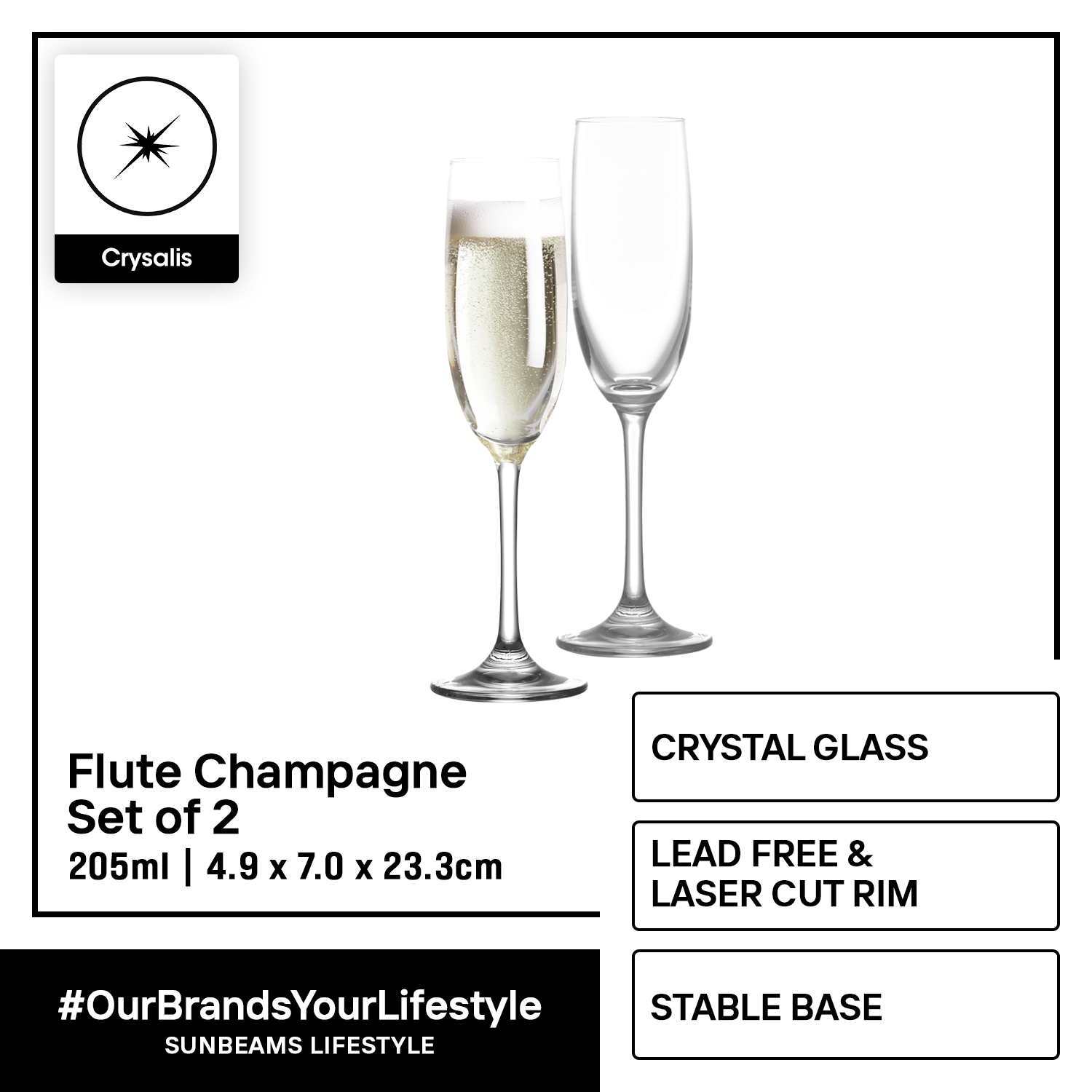 CRYSALIS Flute Champagne Glass 205ml 7oz [Set of 2] Premium