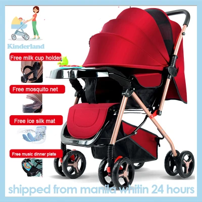 Baby Stroller Comfortable Seating Reversible Two Way Baby Push Car Red and Khaki Blue Baby Stroller Pushchair High Quality Portable Stroller Multi Function Baby Travel System