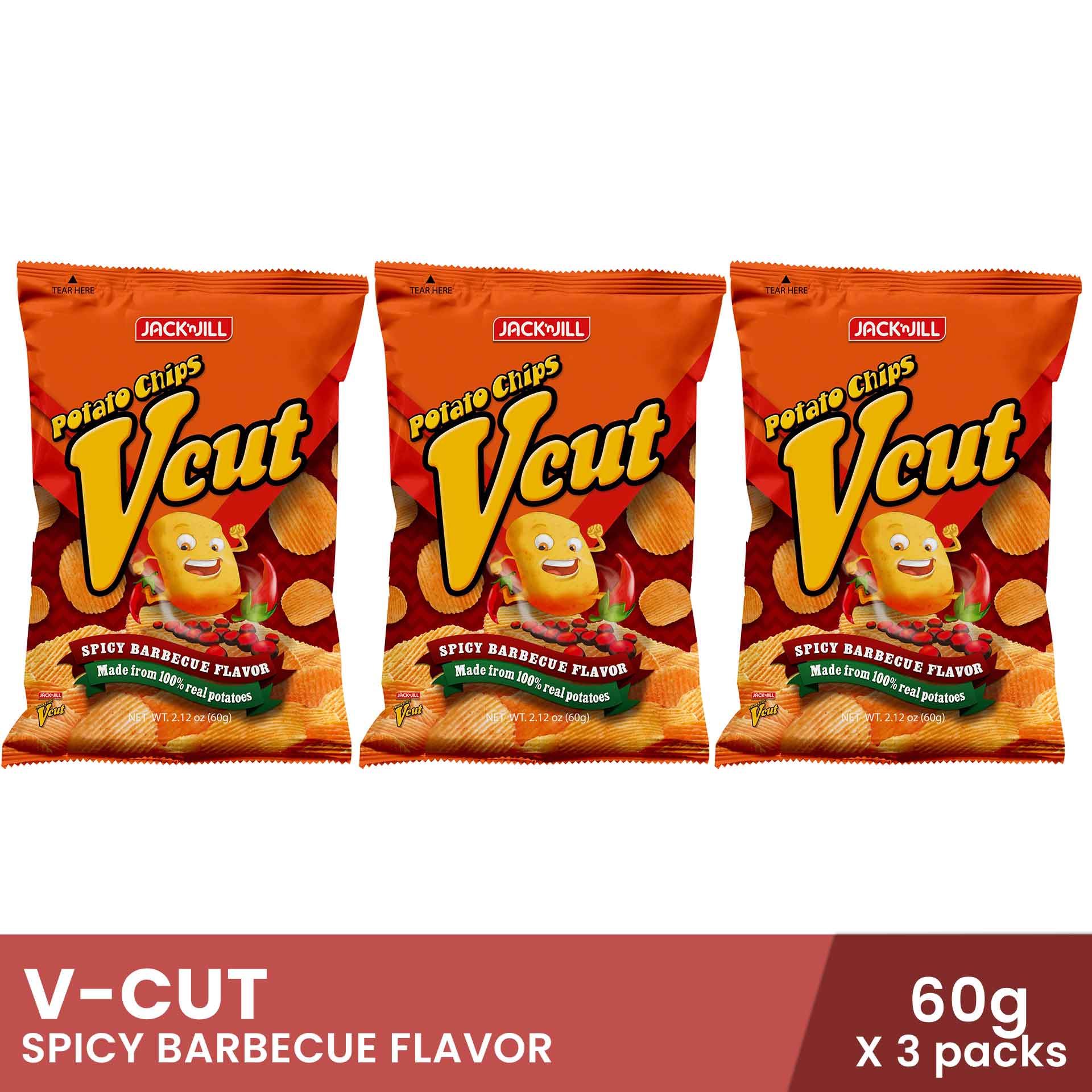 VCUT Spicy BBQ 60g x 3 packs, potato chips, barbeque flavor, snacks, pantry staple, groceries