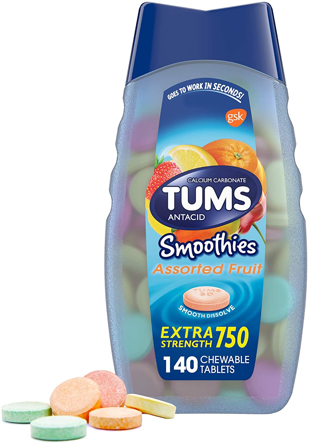 TUMS Smoothies Extra Strength Heartburn Relief Chewable Tablets, Assorted Fruit, 140 Count