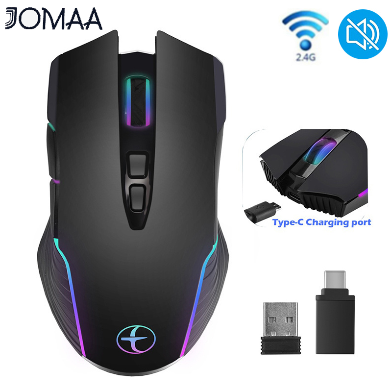 JOMAA Jiggle Type C Wireless Mouse for MacBook Laptop Computer Mouse USB 2.4GHz Ergonomic Mice Adjustable 2400DPI Gaming Mouse Backlit