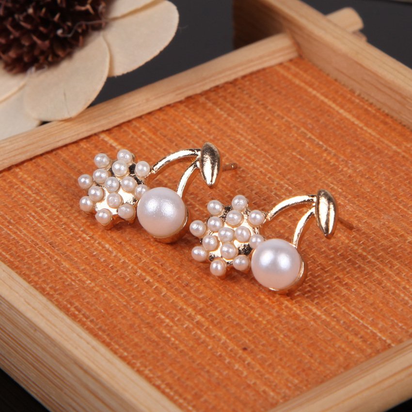 HKS Korean Style Elegant Gold Plated Imitation Pearl Cherry Ear Studs