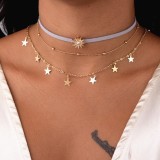 Sun Star Rhinestones Tassel Velvet Choker Necklace