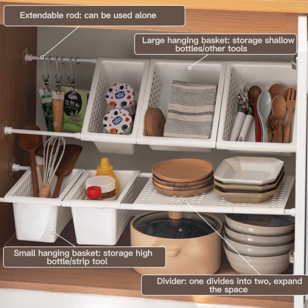 Kitchen Under Sink Punching-free Telescopic Rod, Rod Holder, Small Hanging  Basket, Partition Board, Kitchen Hanging Rod Spice Shelf Cabinet Plastic  Storage Basket - Temu United Arab Emirates