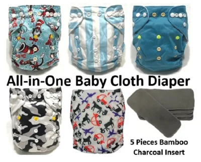 5 Pieces Washable Reusable Cloth Baby Diaper with individual Insert - Assorted Designs