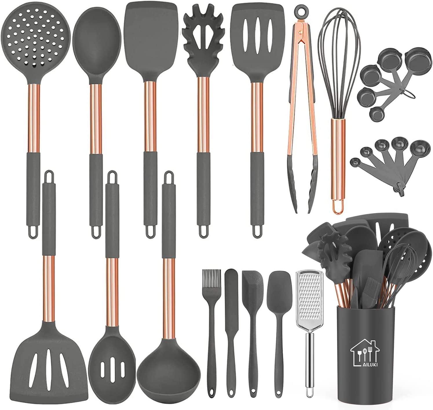 White Silicone Copper Kitchen Utensils Set with Holder 17 Pc Rose