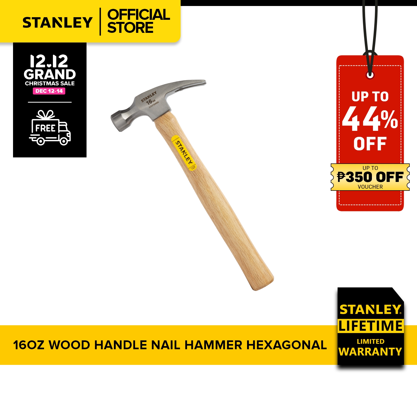 Stanley Hammer Nail Hex Wood Handle 16 Oz [Lifetime Warranty