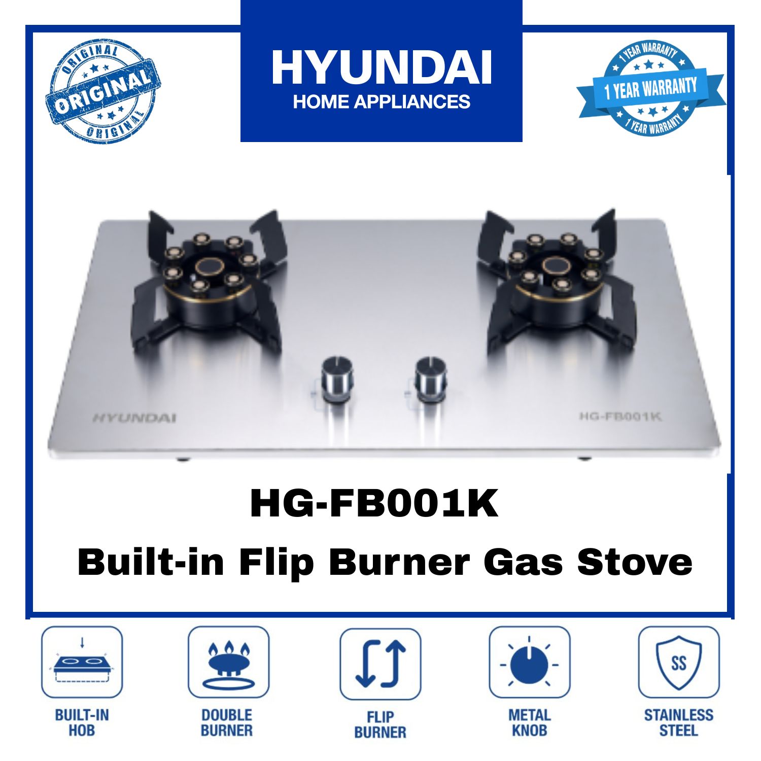 Hyundai HG-FB001K Built-In Hob Double Burner Stainless Steel Top - Main Image