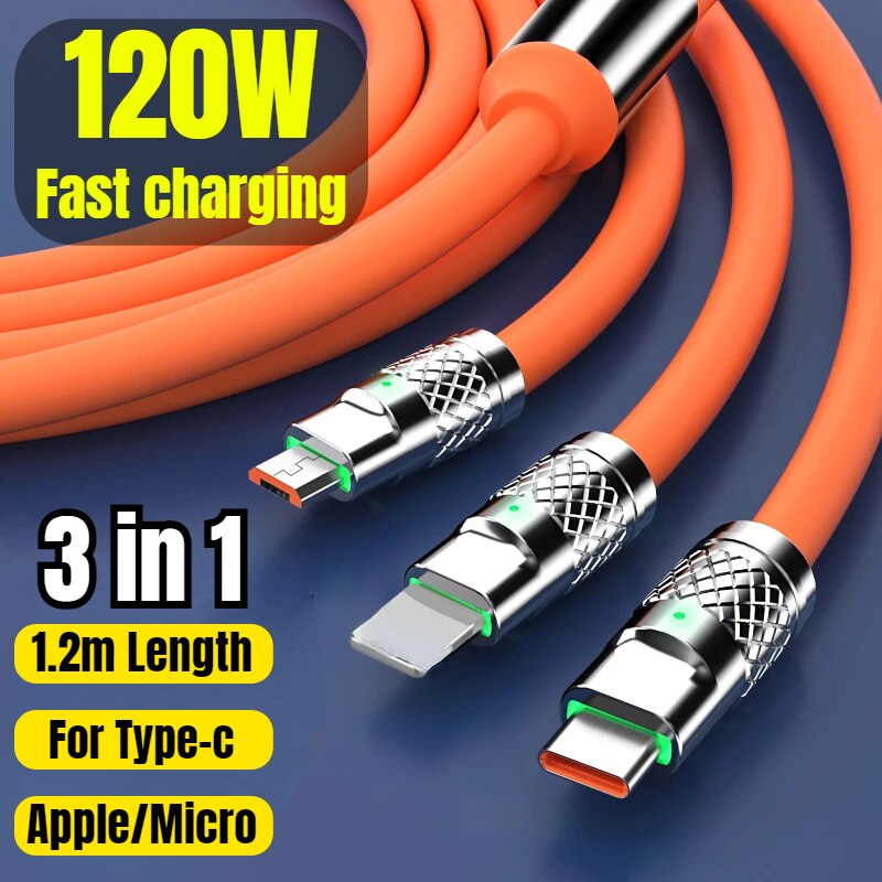 120W 3 In 1 Supercharging Cable Micro USB Type-C Fast Charger Micro USB Type-C Data Cable For 14 13