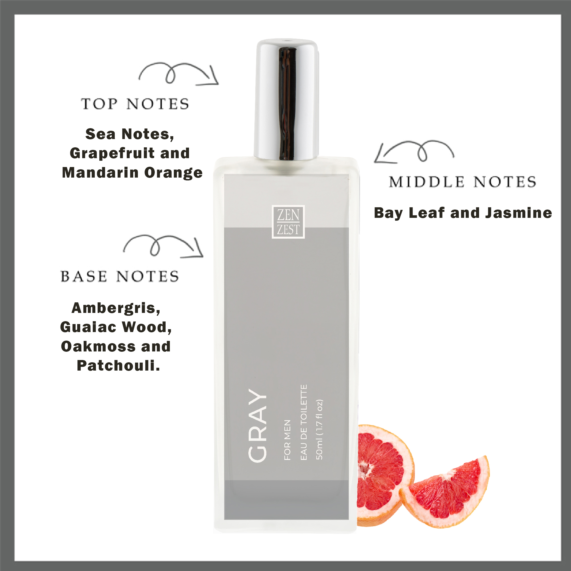 Zen Zest OilBased Eau De Toilette Perfume For Men 50mL GRAY Longlasting Woody Aquatic