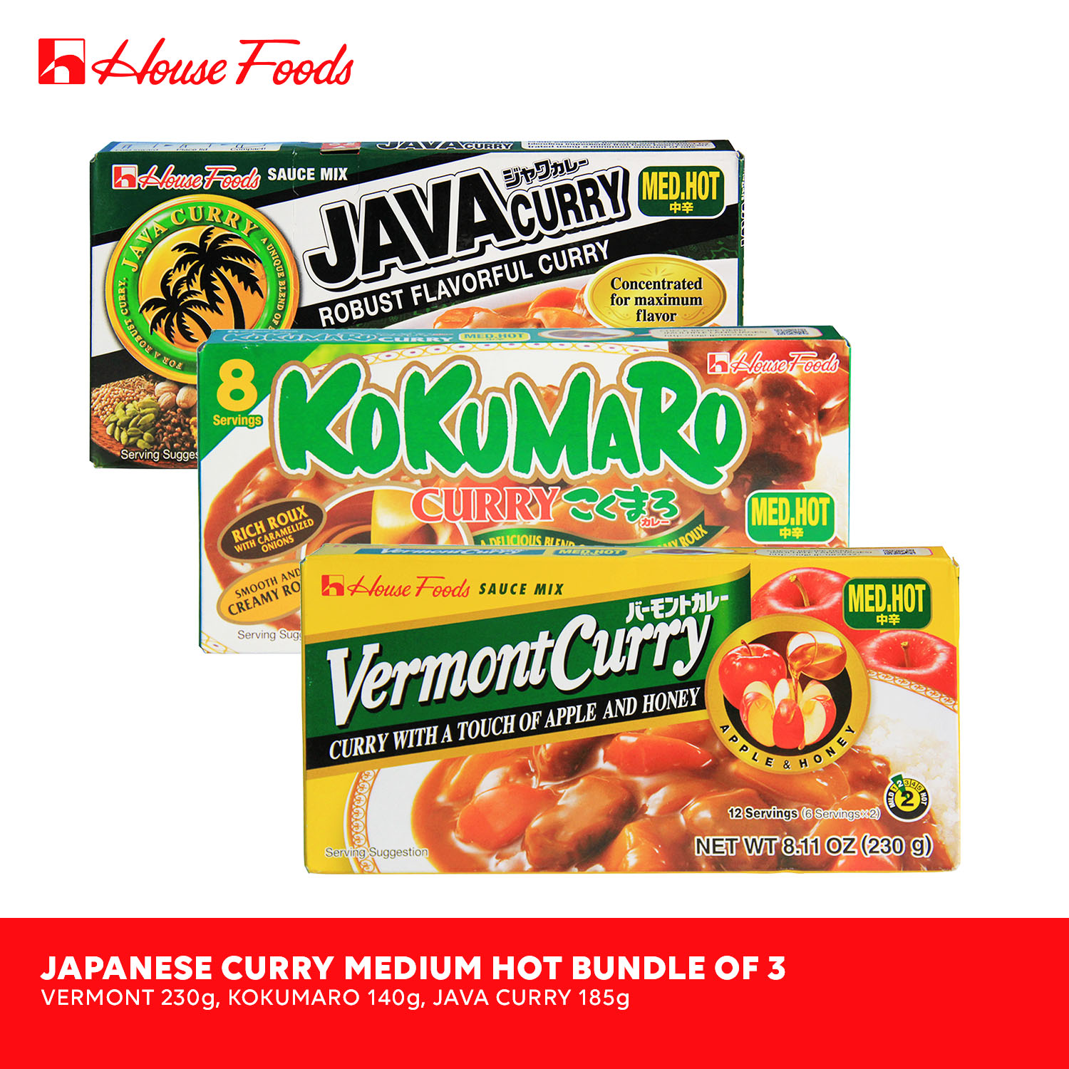 House Foods Japanese Curry Medium Hot Bundle (Vermont, Kokumaro, Java ...