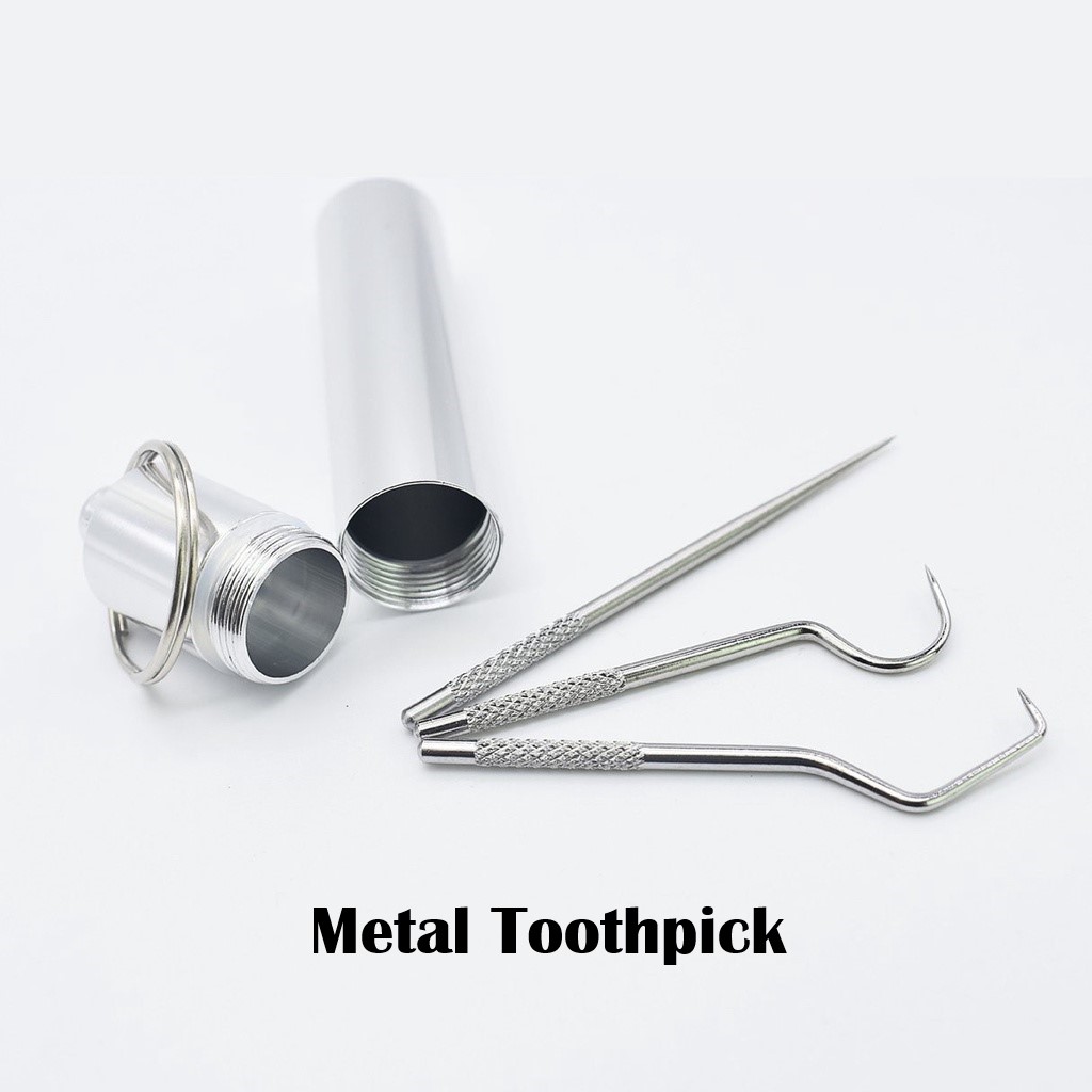 Portable Metal Toothpicks Pocket Toothpick Metal Toothpick Holder Pick  Teeth Tool For Outdoor Picnic Camping(4pcs, Silver)