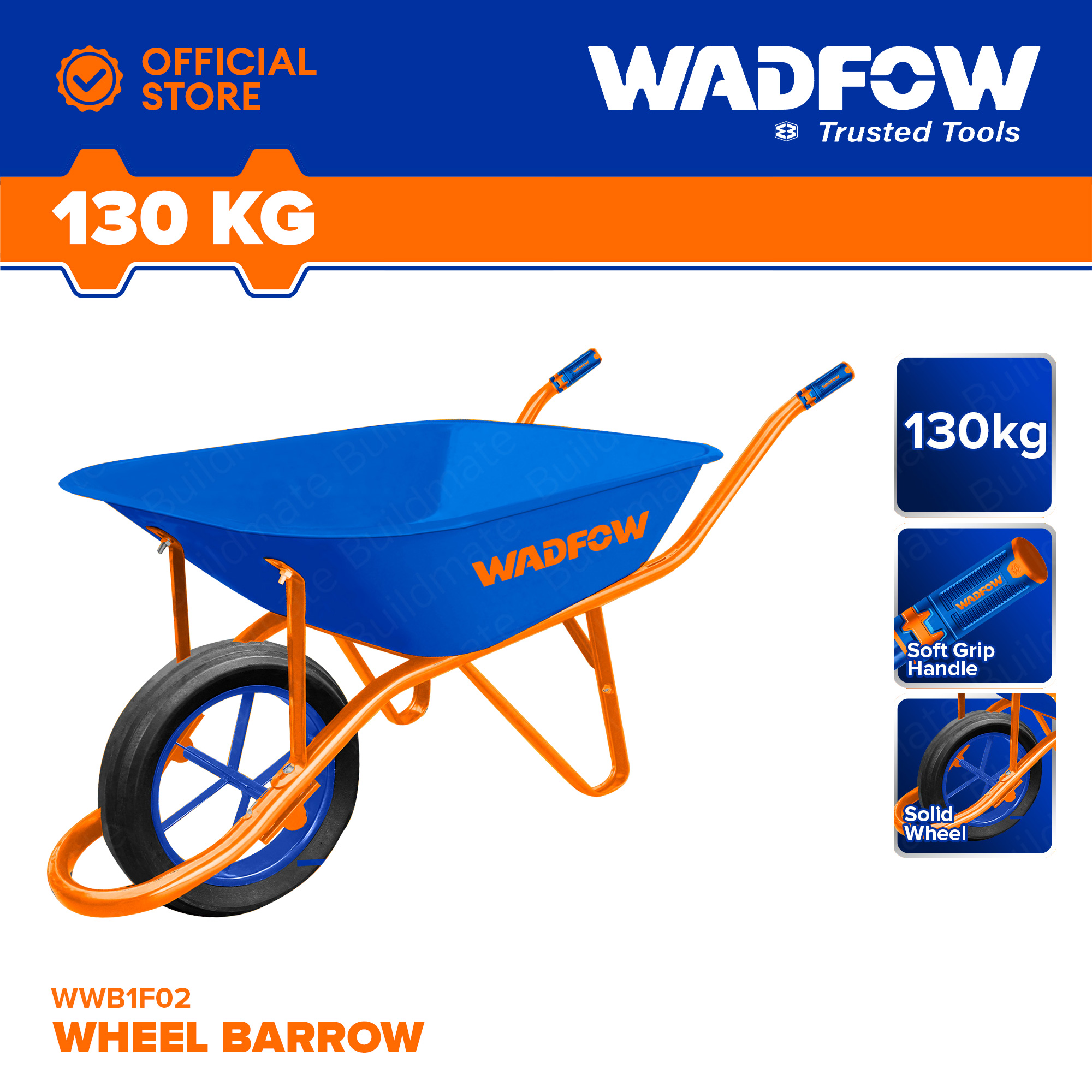 WADFOW Wheel Barrow 130KG Solid Wheel Garden Cart Wheelbarrow