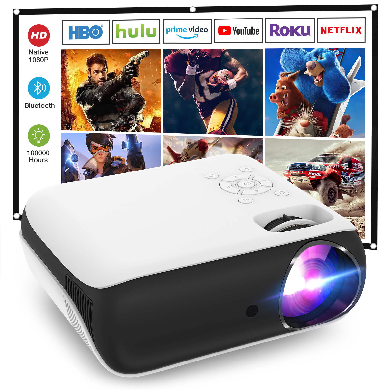 HAPPRUN Projector, Native 1080P Bluetooth Projector with 100''Screen, 9500L  Portable Outdoor Movie Projector Compatible with Smartphone