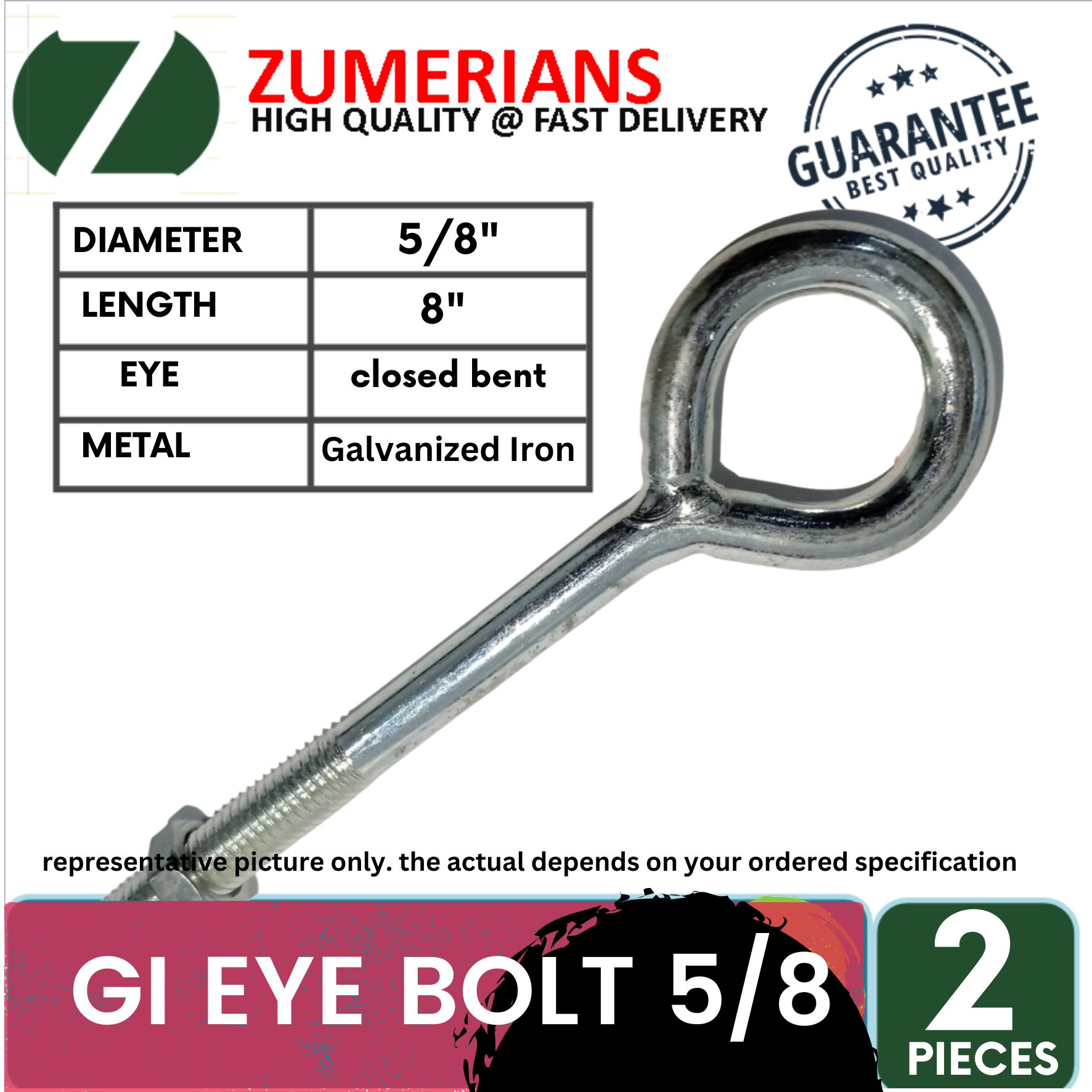 GI Closed Bent Eye Bolts 5/8 , Galvanized Iron , Size 5/8 inch diameter