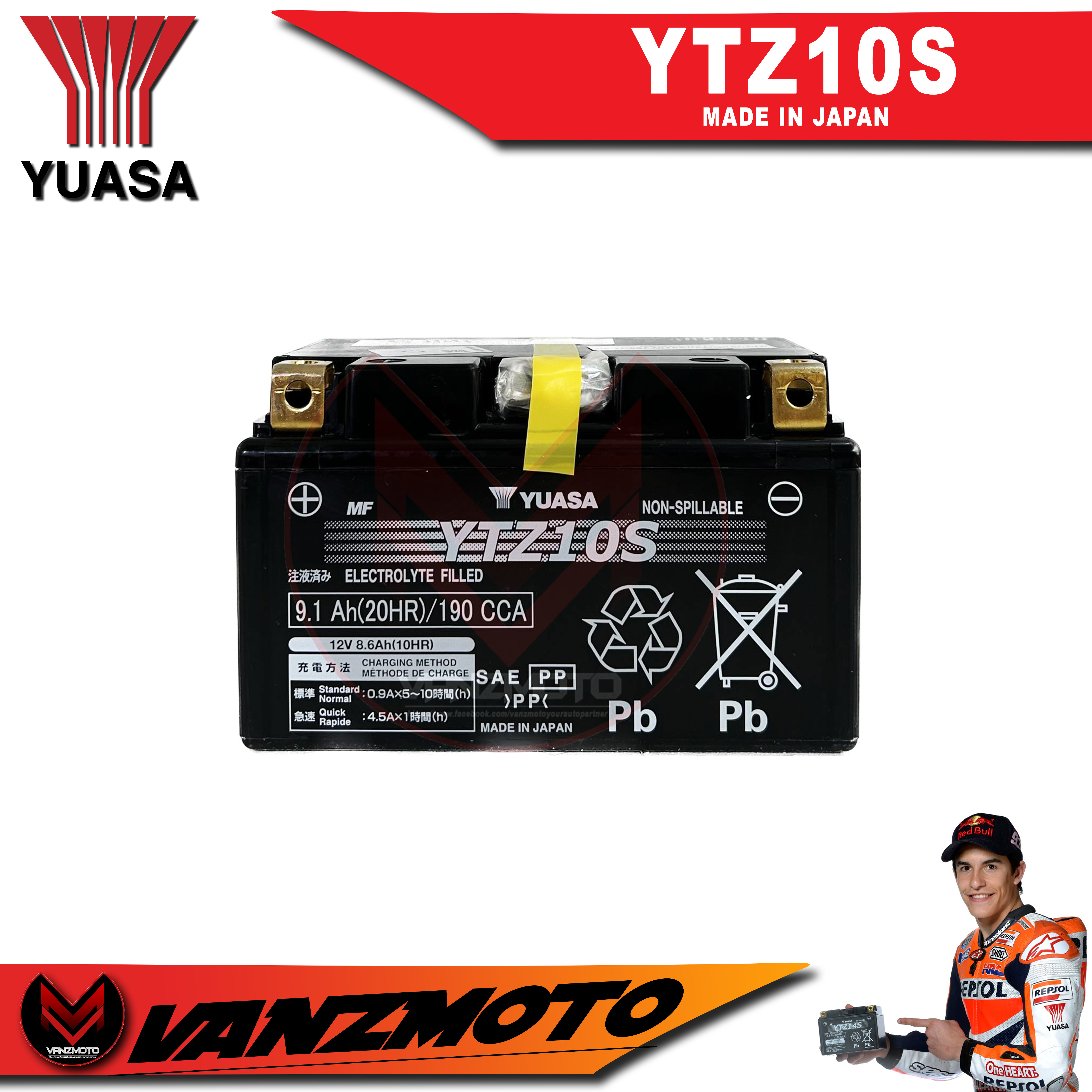 Yuasa YTZ10S Battery, Motorcycle Battery