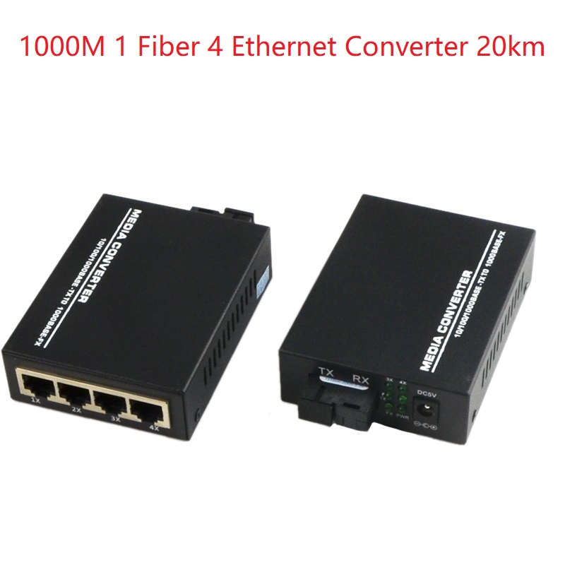 1 pair 1000M 1 Fiber 4 RJ45 ports 3KM or 20KM Fiber Optical Media