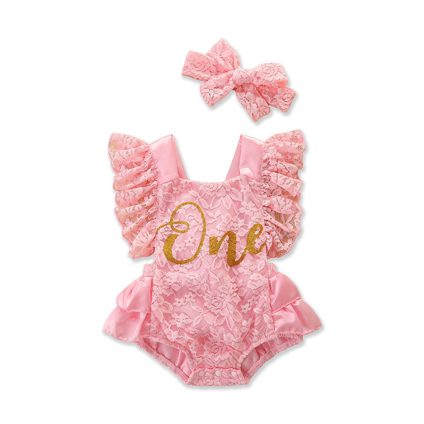 2pcs Set Cute Baby Romper Girl Newborn 1st Birthday Sweet Lace Baby