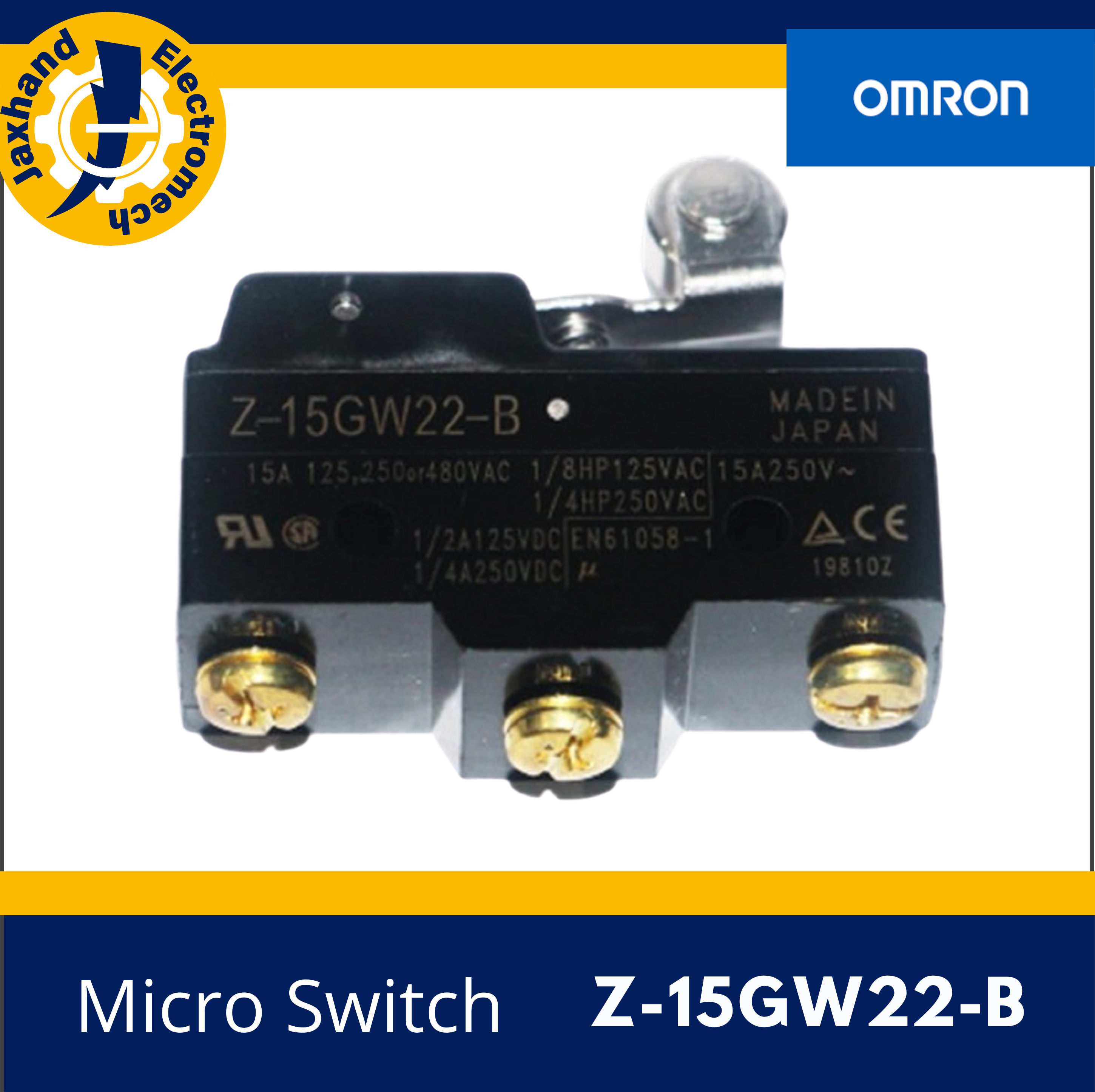 Omron Limit Switch Z15GW22B, Short Hinge Roller Lever, SPDT, 15A 250V