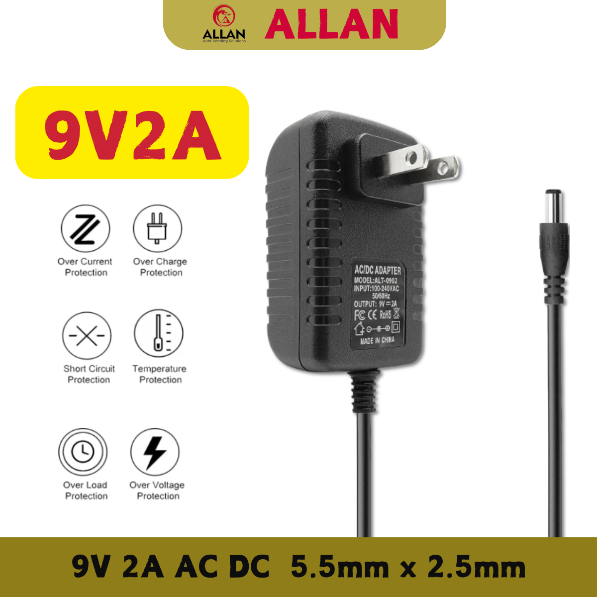 Allan Ac Adapter 9v 2a Power Supply 55x25mm 110 240v Ac To Dc 9 Volts 2000ma 1500ma 1000ma 6944