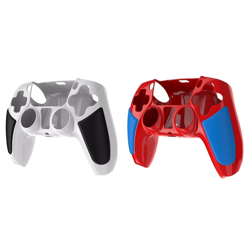 2x สำหรับ PS5 Controller ผิวลื่นซิลิโคนฝาครอบป้องกันจอยควบคุมเกมสีแดง-Blue & Black-สีขาว