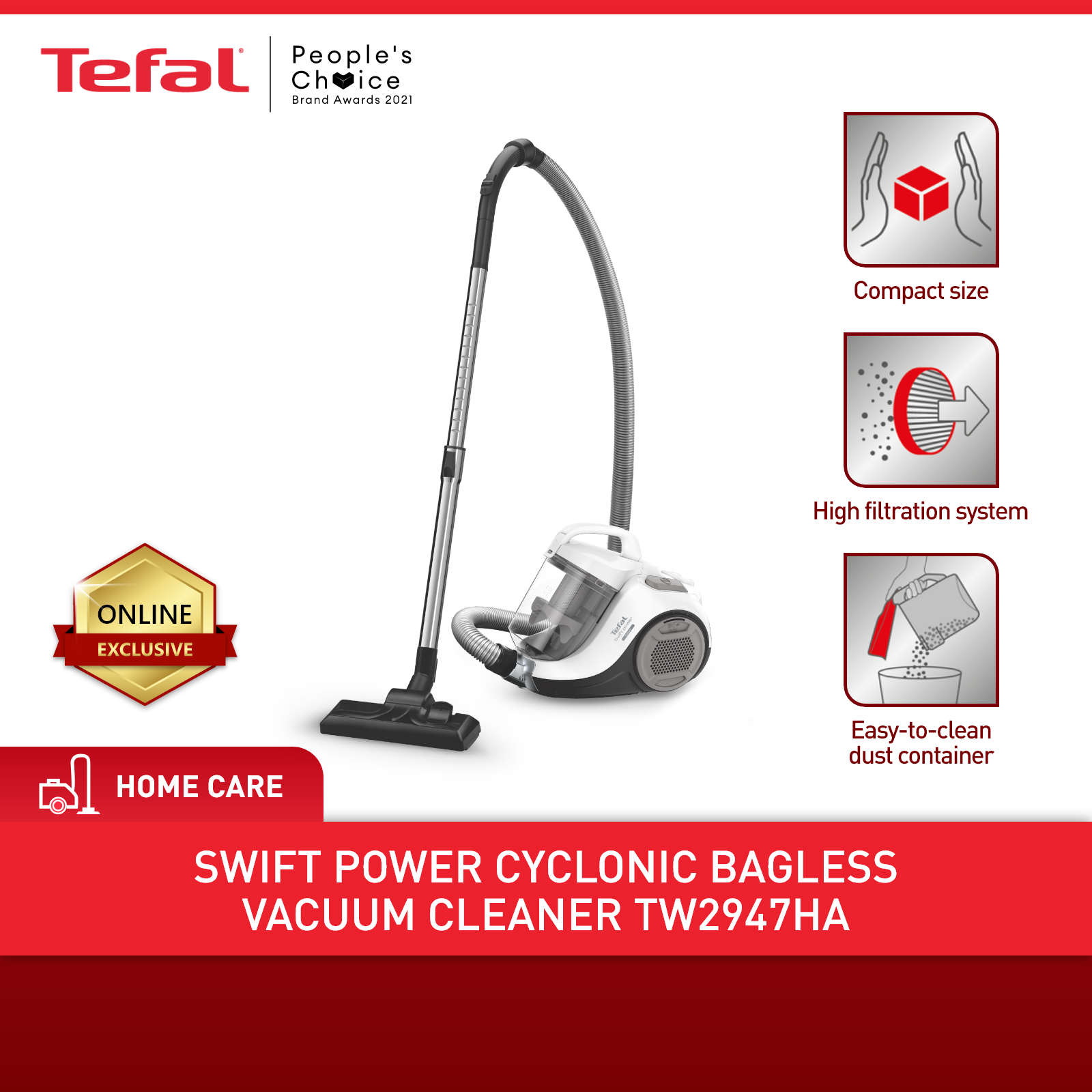 TEFAL Swift Power Cyclonic Bagless Vacuum Cleaner TW2947HA (White/Black