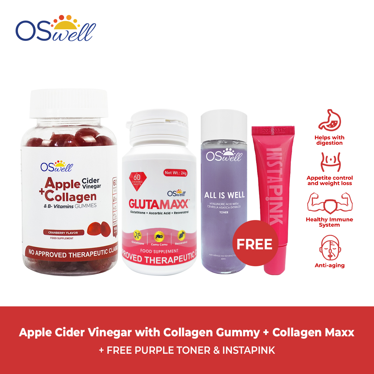 Oswell (ACV + GM + 1 TONER + 1 INSTAPINK ) Apple Cider Vinegar+B