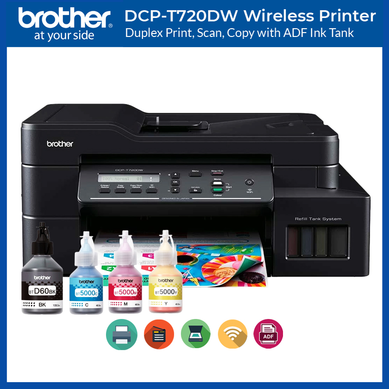 Brother DCP T720DW Printer Scanner Copier or Xerox Duplex Printing with Auto Document Feeder (ADF) Wireless or Refill Ink Tank CISS Printer Brand New Brother BTD60 Black BT5000 Cyan BT5000