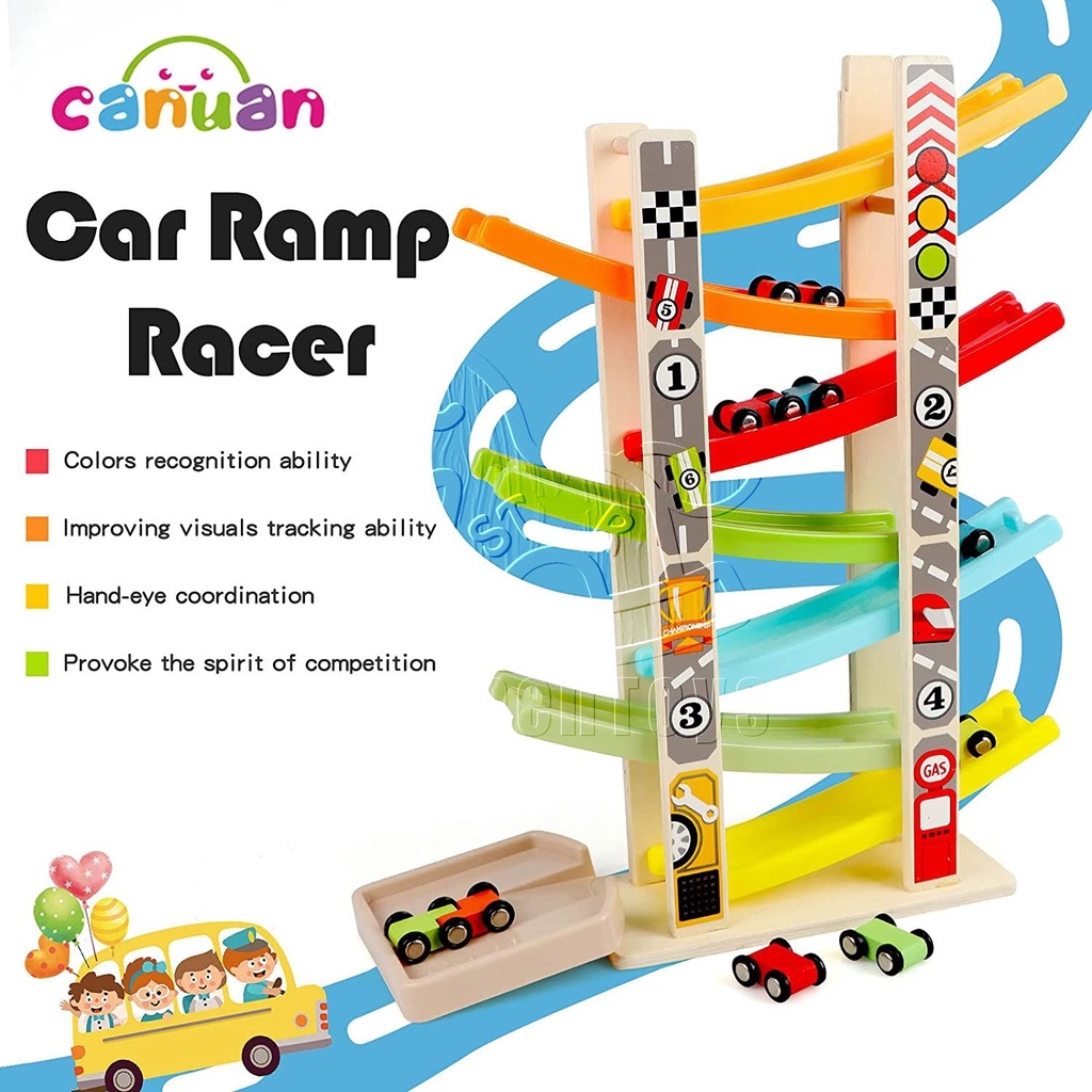 【Ready Stock】 Wooden Car Ramp Racer Toy Set with 7 Level Rail Glider ...