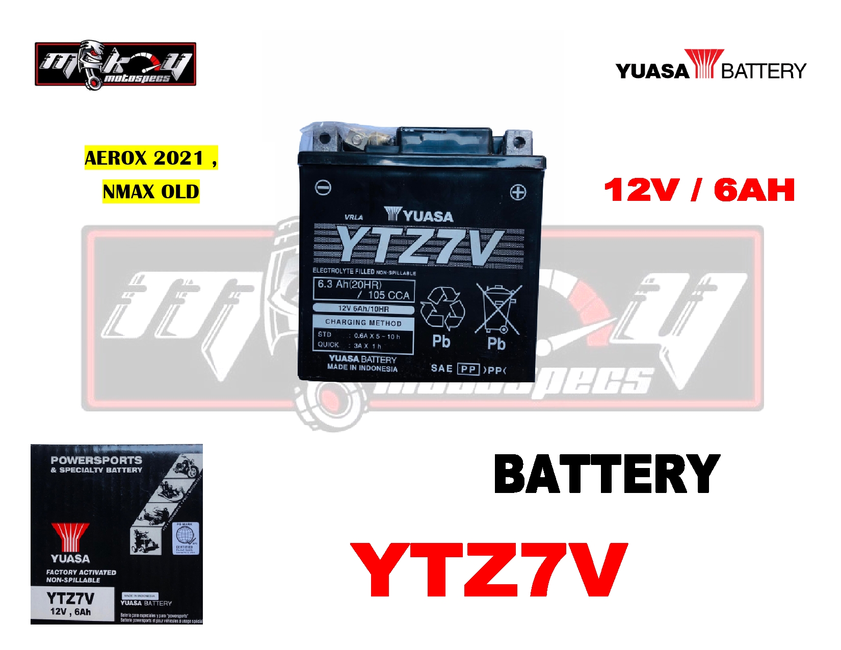YUASA POWER SPORTS AND SPECIALTY BATTERY YTZ7V 12V , 6AH (AEROX 2021