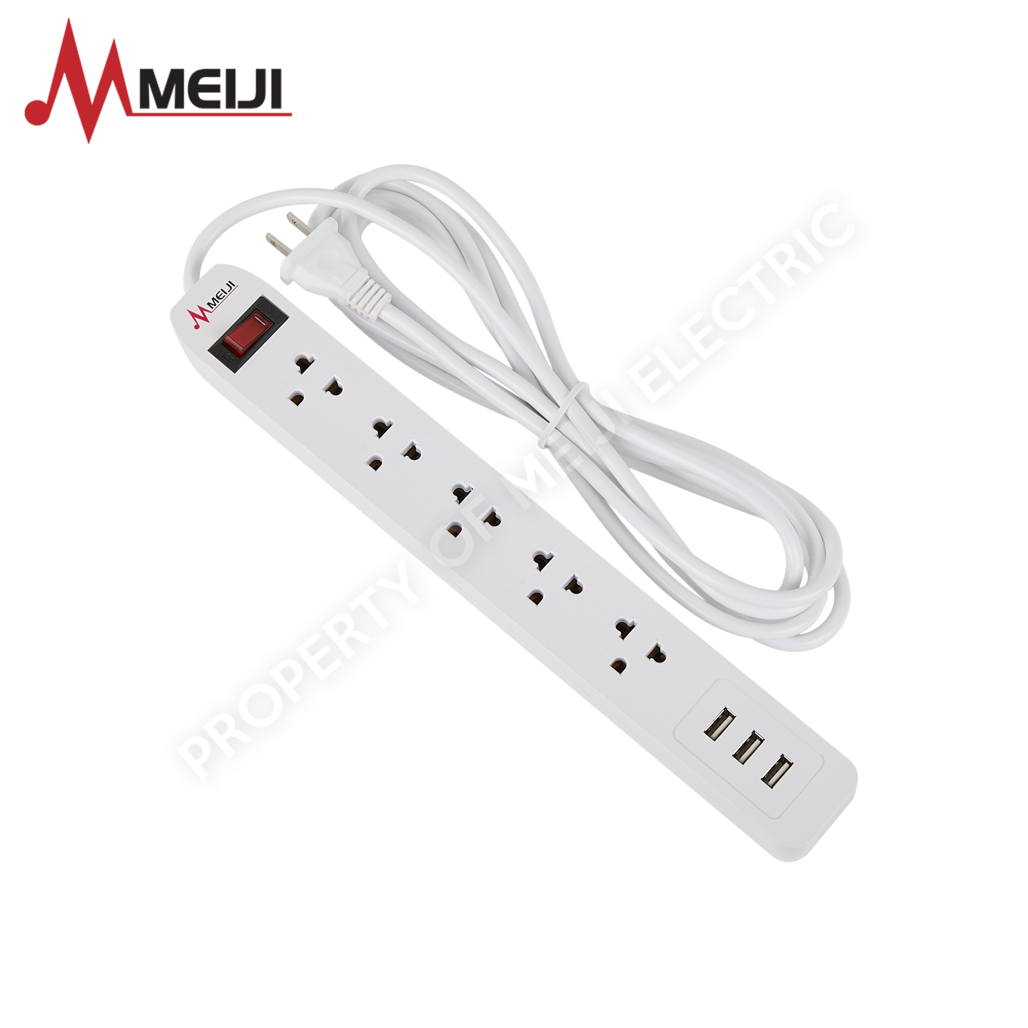 Extension Cord 5 Gang Slimtype Outlet with USB 3 Meters [Meiji