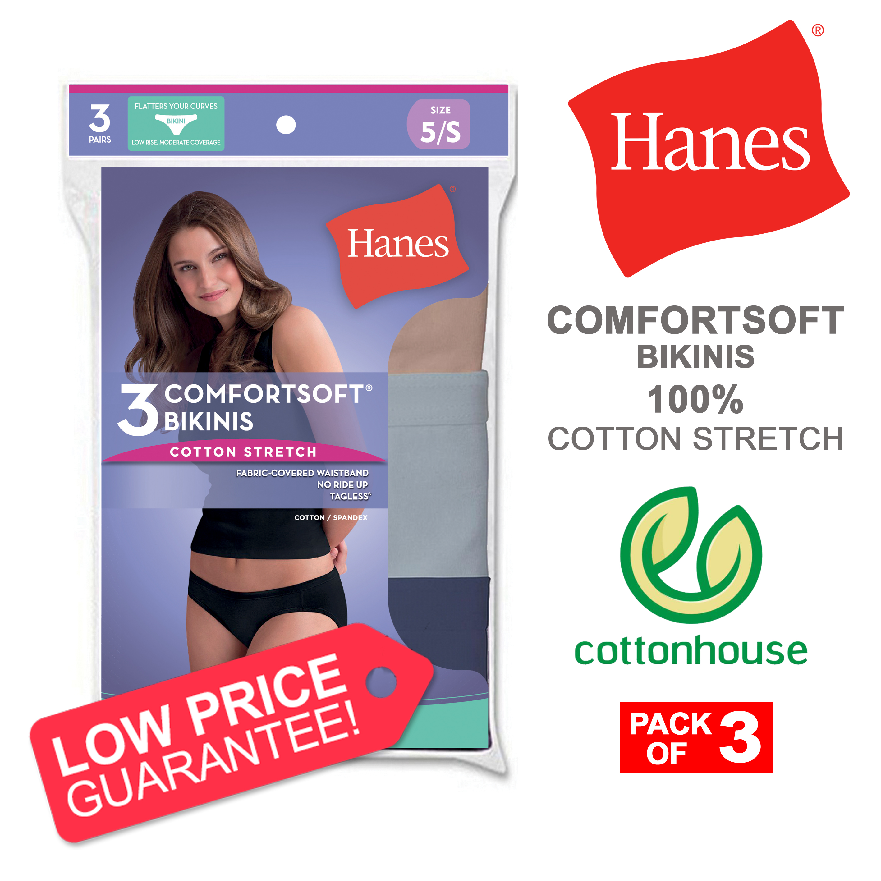 Hanes Women's Cotton Stretch Comfortsoft Waistband Bikini Underwear, 6-Pack  