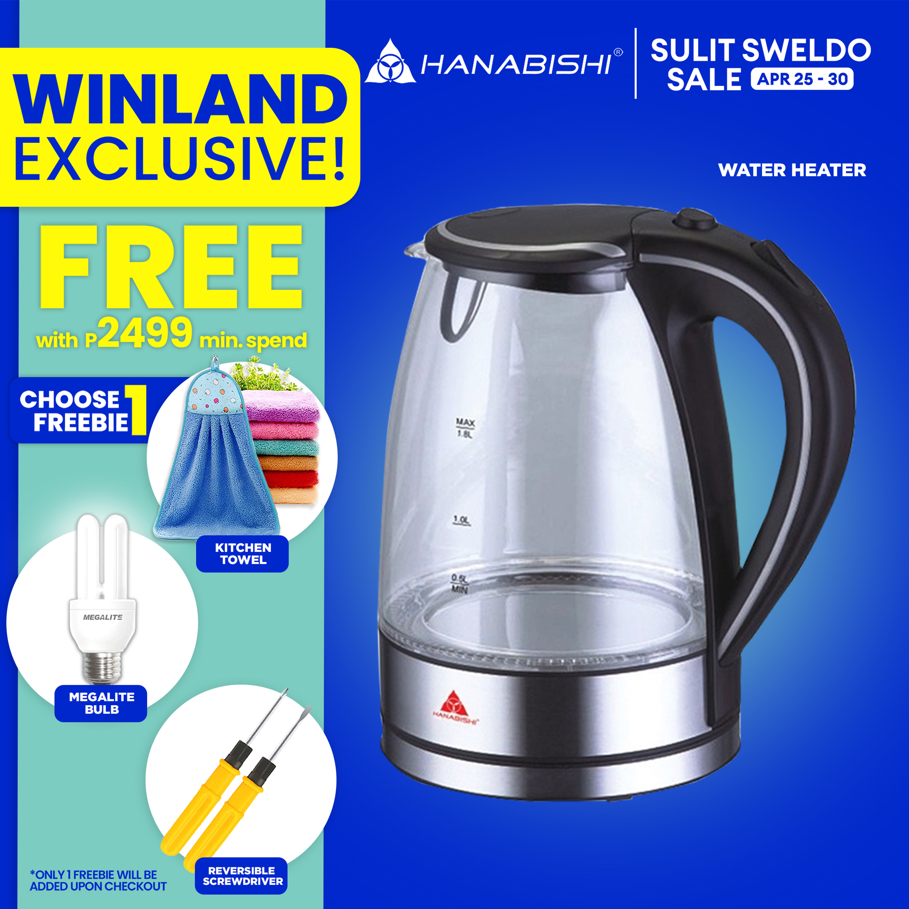 HANABISHI by Winland Electric Kettle Water Heater 1.8L/1000w HWK118GL