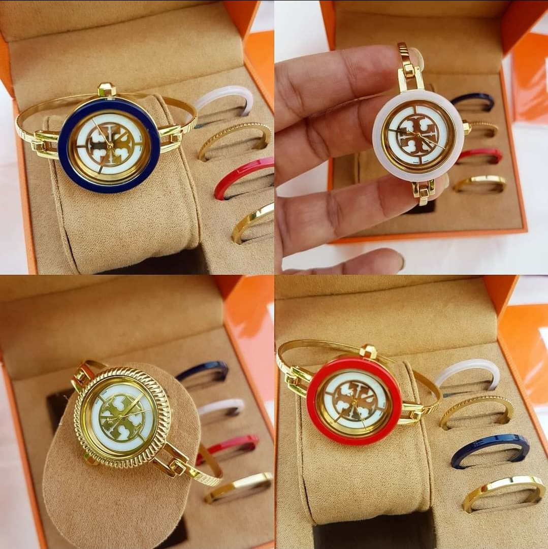 T.O.R.Y B.U.R.C.H TBW4029 Stainless Steel Watch Gold Reva Bangle Watch with  Multicolor Rings Three-Hand Ladies Watch | Lazada PH
