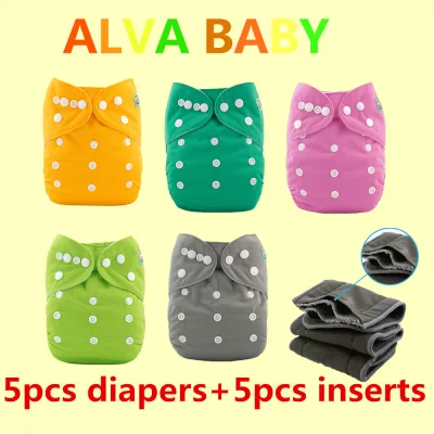 ALVA Baby 5PCS Plain Cloth Diapers + 5pcs Bamboo Charcoal Inserts One Size Reusable Washable Pocket 3.0 Nappies