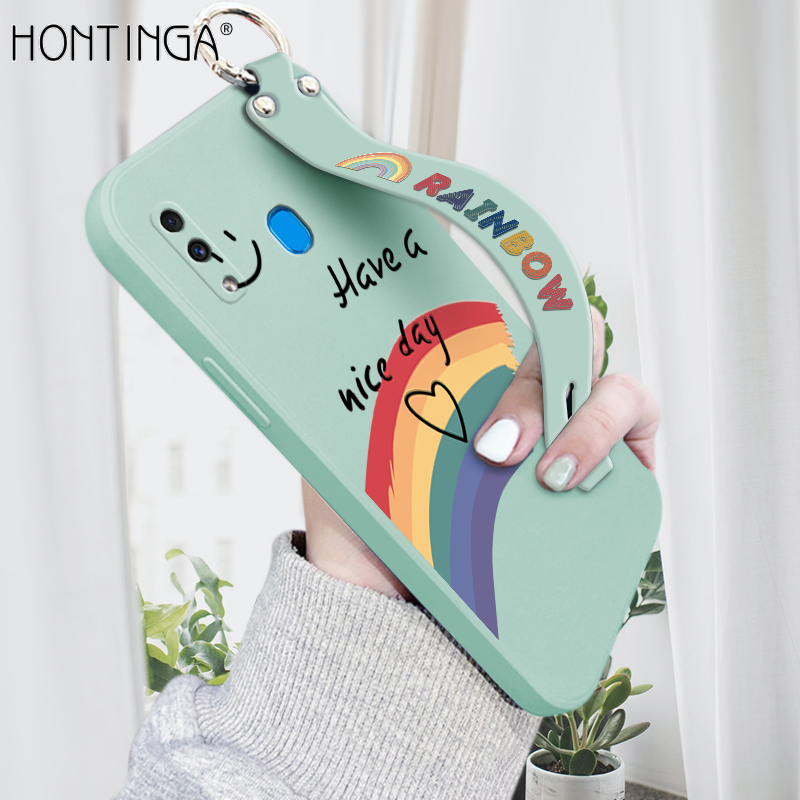 (With WristStrap)Hontinga Casing Case For Samsung Galaxy A30S A30 A31 Case Rainbow Smile Square Original Liquid Soft Silicone Edge Pattern Rubber Case Full Cover Camera Protection Cases Back Phone Casing Softcase For Girls