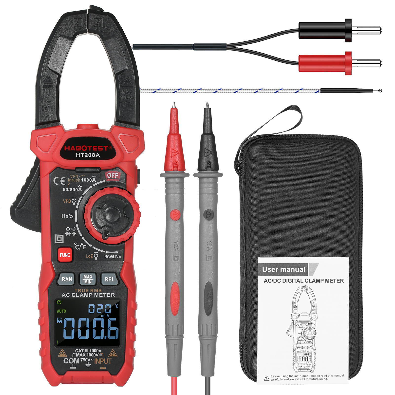 【Ready Stock】HABOTEST AC Digital Clamp Meter True-RMS Multimeter Anto-Ranging Multi Tester Current Clamp with Amp Volt Ohm Diode Capacitance Resistance Continuity NCV Temperature Duty Ratio VFD Tests
