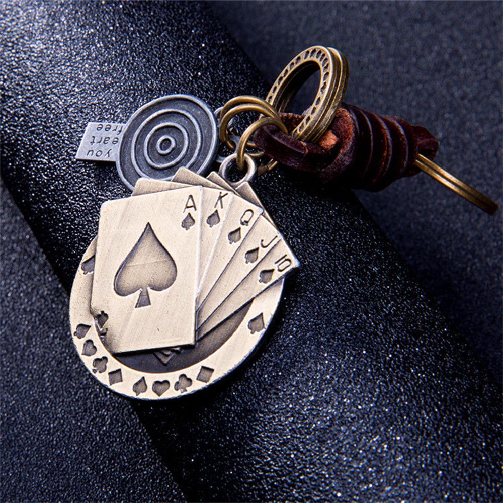 Creative Keyfob Alloy Bag Pendant Key Ring Vintage Punk Poker Leather Keychain 