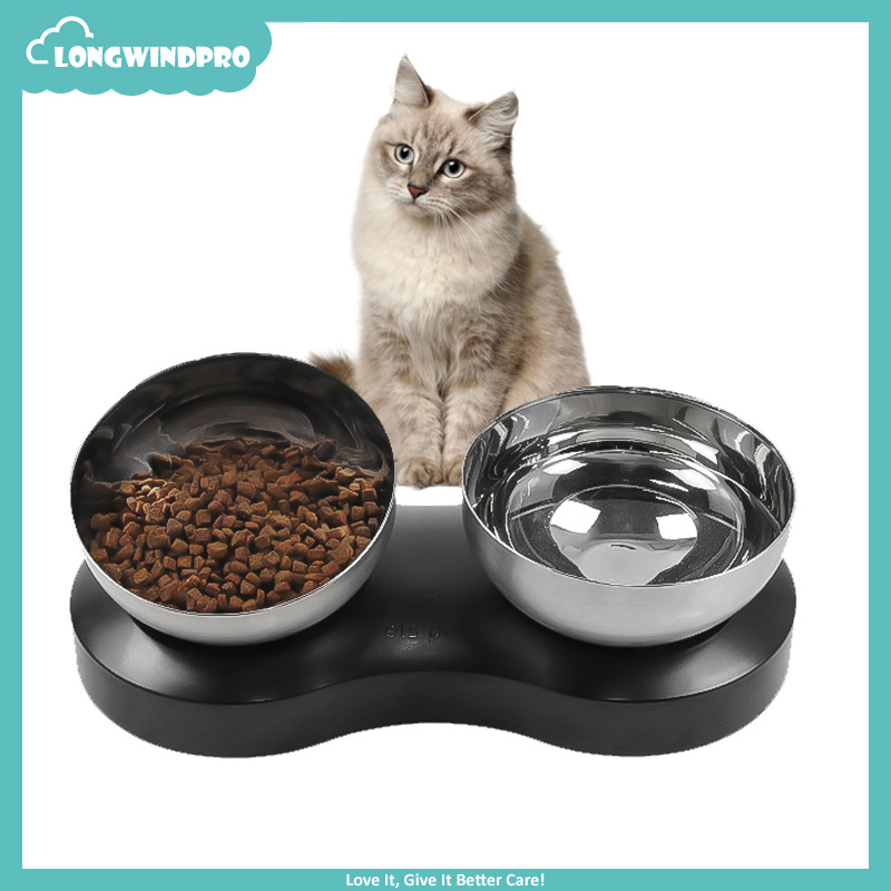 Double Cat Food Bowls 304 Stainless Steel Dog Bowl Feeder Elevated No