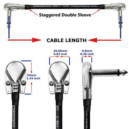 6.35mm 100% R/A Pancake TS 3 Foot x2 Ultra Flexible Dual Shielded - Instrument Effects Pedal Patch Cable w/Low-Profile Audioblast HQ-1 12 Inch x4 Plugs & Dual Staggered Boots 