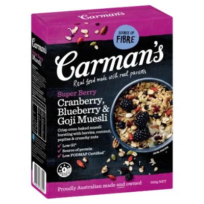 Carman's Super Berry Cranberry, Blueberry & Goji Muesli From Australia (500g)